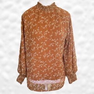 Böhme Rust Orange High Neck Long Sleeve Floral Boho Blouse Size Medium